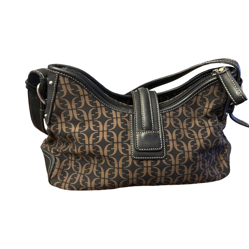 Fossil Monogram Logo Jacquard Shoulder Bag Black Brown Leather Trim Buckle Bag
